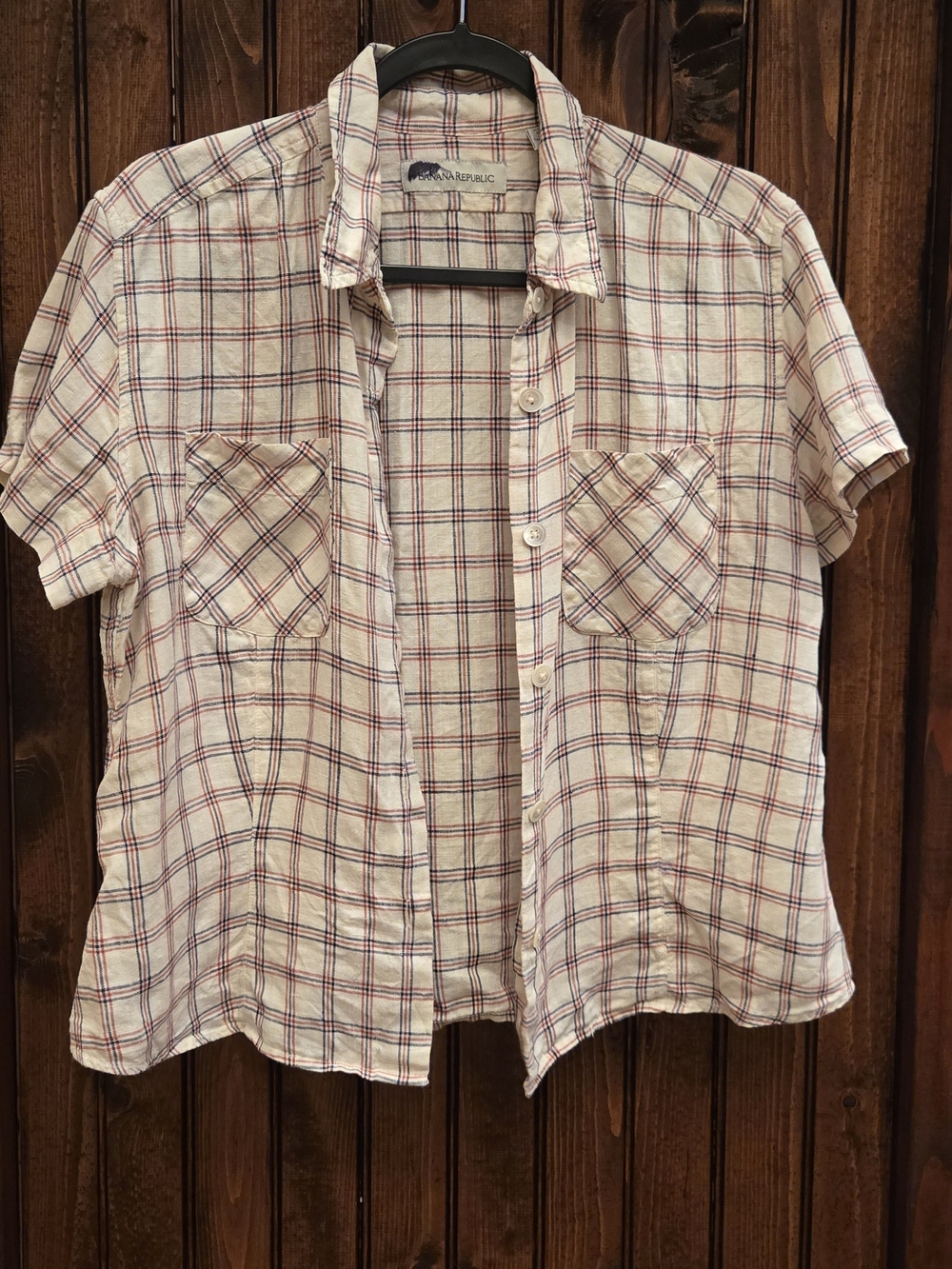 Banana Republic Short-Sleeve Plaid Button-Down in Cream, Red & Blue